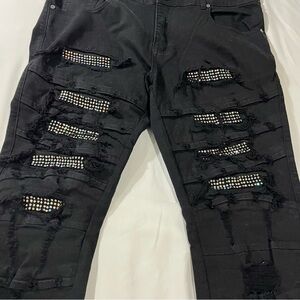 Focus Jeans Mens Black Stacked Distressed Rhinestone Sz 40x32 Street wear Denim